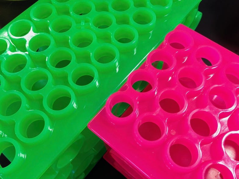 Photo by Author — colourful test-tube racks in the lab
