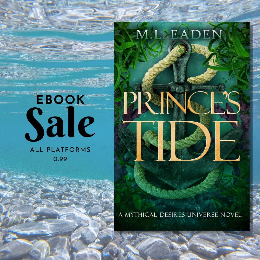 Ebook Sale All platforms 0.99 - background is an image underwater with rocks along the bottom. Also includes an image of the cover of Prince's Tide