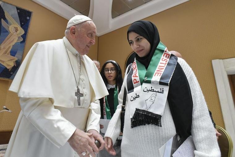 Pope Francis met with relatives of Palestinians living in Gaza on Wed., Nov. 22, 2023.