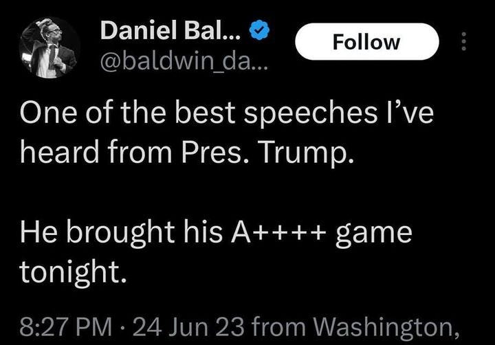 May be an image of text that says '8:35 72% Tweet t7 Team Trump (Text TRUMP to 88022) Retweeted Daniel Bal... @baldwin_da. Follow One of the best speeches I've heard from Pres. Trump. He brought his tonight. game 8:27 PM 24 Jun 23 from Washington DC 1,847 Views 39 Retweets Quotes 138 _ikes Deep State Exposed @baldwin_ COVID-19 ORIGINATED FROM WUHAN LAB, LEAKED REPORT REVEALS! " twitter.com/pwleaks/status... Tweet your'