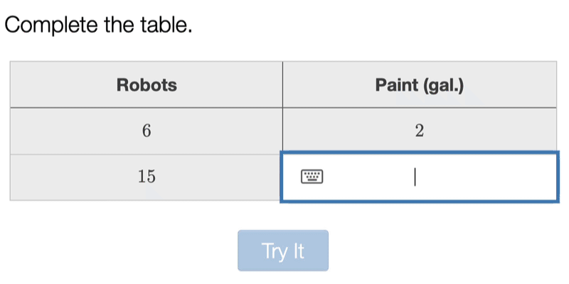 An image of a student typing a missing number into a ratio table and then seeing its effect on some robots that are getting painted.