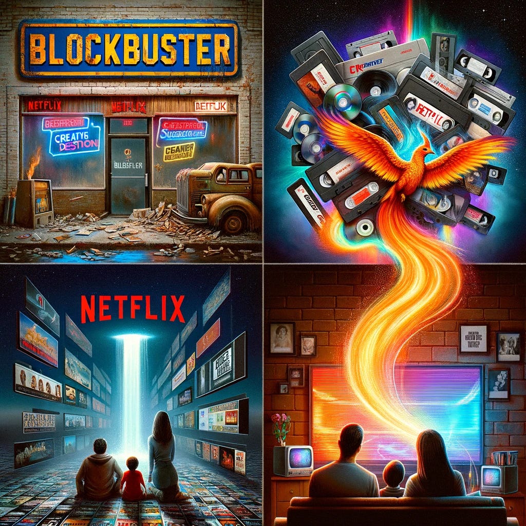 A series of four images representing the theme of creative destruction with Netflix and Blockbuster. The first image shows a Blockbuster store with a faded, crumbling sign, overshadowed by a bright, dominant Netflix logo in the background, symbolizing the decline of physical video rental stores and the rise of online streaming. The second image features an array of Blockbuster DVDs and VHS tapes being overtaken by a vibrant digital stream flowing from a Netflix icon, illustrating the shift from physical to digital media. The third image portrays a family in their living room, moving their attention away from a Blockbuster movie on an old TV to a modern, sleek screen streaming Netflix, showing the change in consumer preferences. The fourth image is an artistic representation of a phoenix, embodying the concept of rebirth and evolution in the entertainment industry, with elements of both Blockbuster and Netflix integrated into the design, highlighting the transformation from one era to another.
