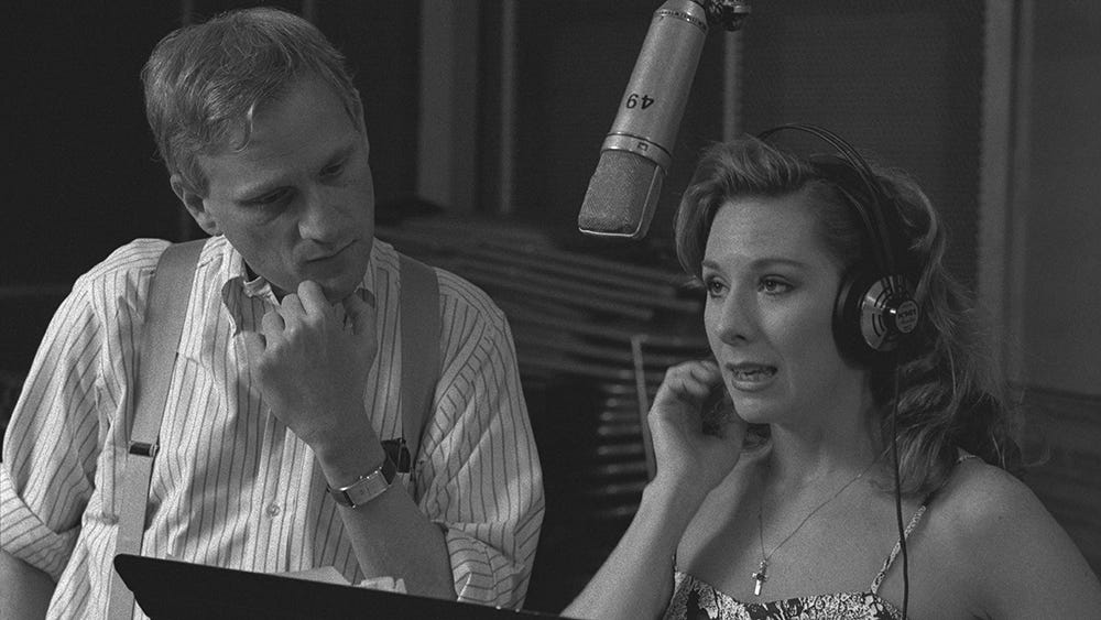 Howard Ashman and Paige O'Hara in the recording studio for Beauty and the Beast.