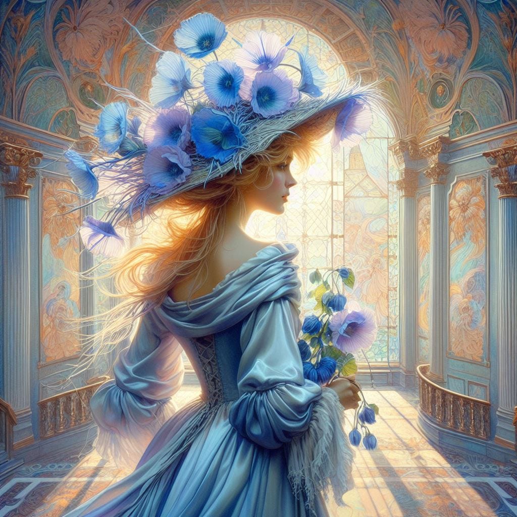 woman wearing dress made silk with Chicory blossom hat. Wispy and  windy honey hair.blues from pale periwinkle to deep indigo. inner corolla reflect and refract sunlight. she walks down a guilded stair case in a mansion with flying buttresses and ornate ceiling tiles. Wall panel artwork in baroque style and the style of peter max intermittent light coral and light yellows accents. Sunlight streaming in through a stained glass window of blues and greens. luminescent. Ethereal.