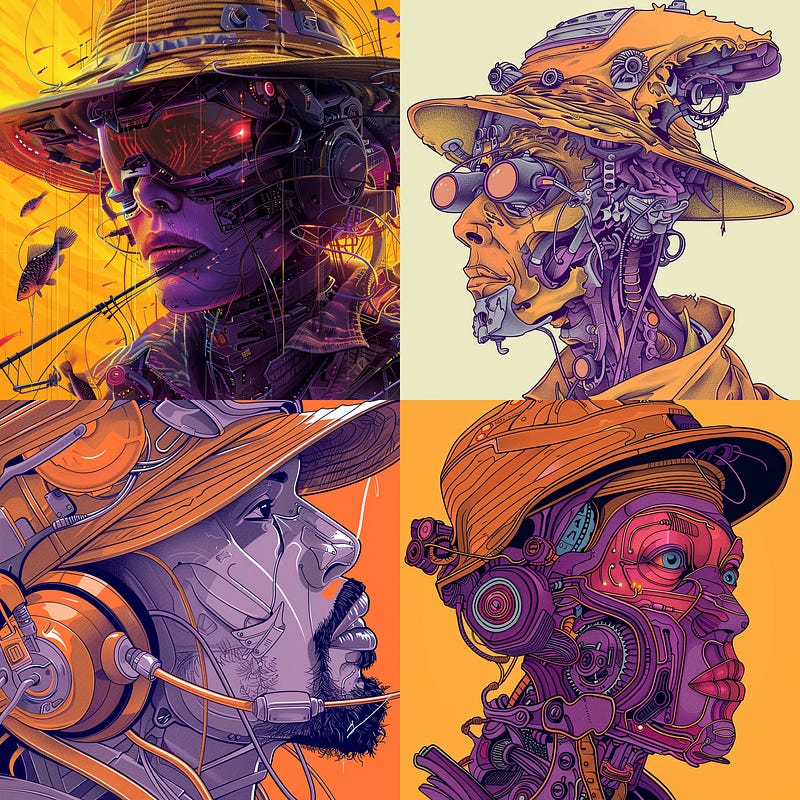 realistic portrait of biomechanical cyborg with fishing hat in orange and purple tones