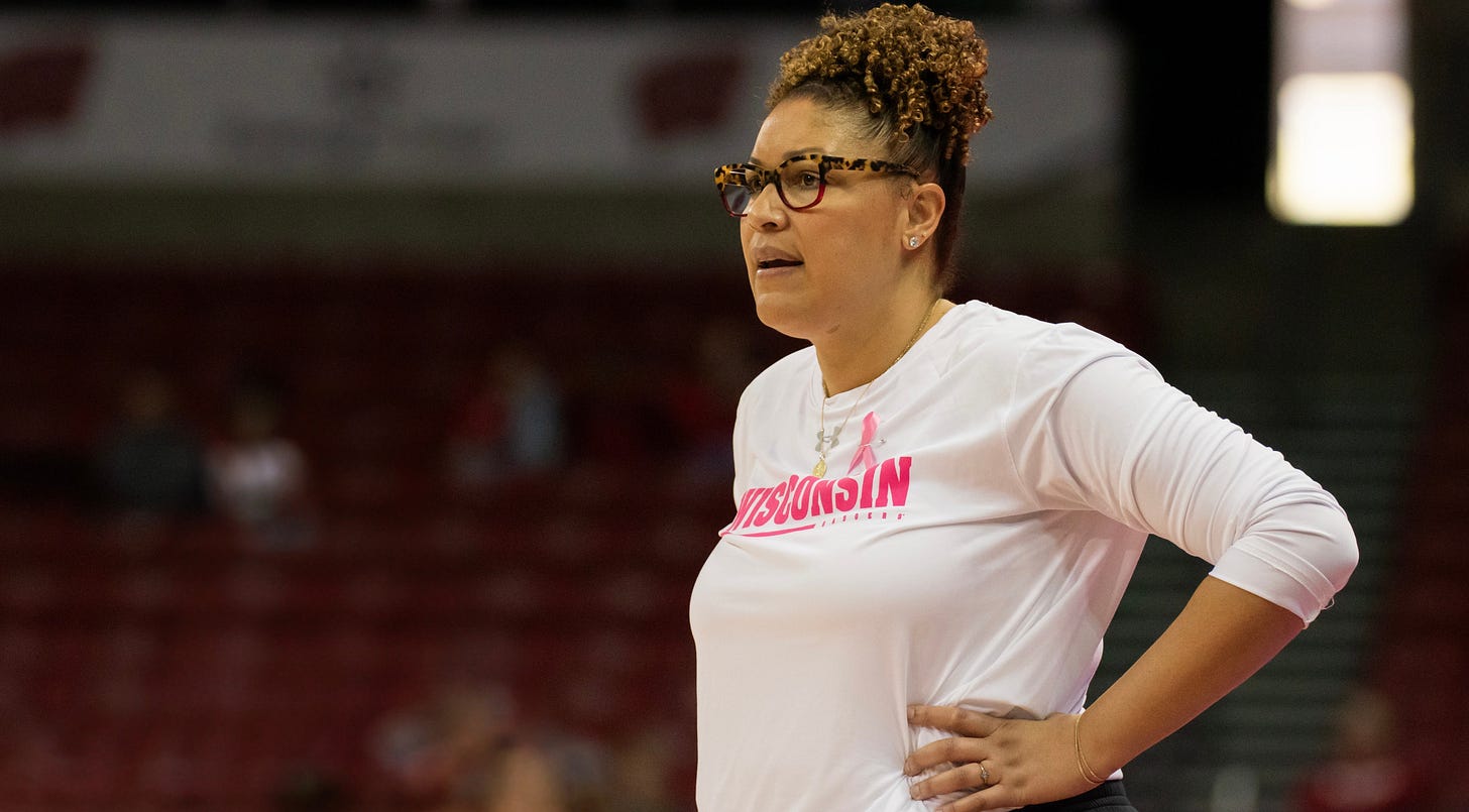 Wisconsin women’s basketball coach Marisa Moseley, who has been accused by former player Tessa Towers of threats, manipulation, and mishandling of mental health