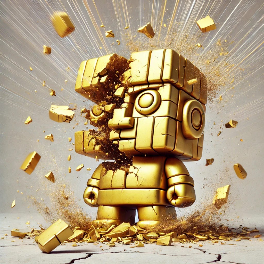 A cartoon-style depiction of a short, stubby golden idol, almost rectangular in shape, inspired by small South American statues. The idol features lifeless, minimal facial details and carved limbs that remain fixed together, emphasizing it is not alive or walking. The idol is completely shattered into numerous tiny shards and larger fragments, with cracks running deep through the remaining pieces. The fragments are flying outward dramatically, giving the impression of total destruction. Motion lines and dust clouds enhance the explosive moment as the golden pieces scatter across a cracked stone floor. The overall tone is exaggerated, emphasizing that the idol is destroyed, lifeless, and utterly smashed to smithereens.