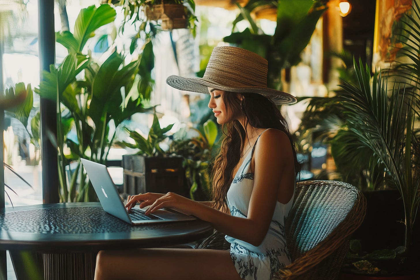 Young woman typing on a MacBook Pro in a garden coffee shop.