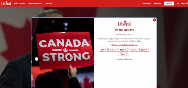 Screenshot of the liberal party website. A donation prompt and "canada strong" sign in the image.