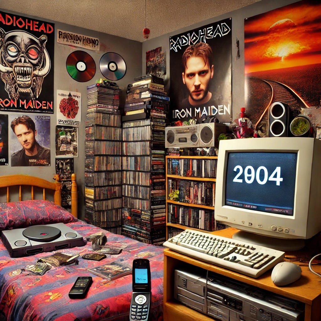 An image capturing the essence of 2004, showing a typical teenage bedroom from that era. The room features a bulky desktop computer with a CRT monitor, cluttered with CDs, DVDs, and posters of popular bands like Radiohead and Iron Maiden. A flip phone lies on the bed, next to a stack of magazines and a gaming console like the PlayStation 2 with some game cases around. The decor is vibrant with pop-culture memorabilia, reflecting early 2000s technology and style. Overall, the room has a nostalgic and cozy vibe, reminiscent of the mid-2000s.