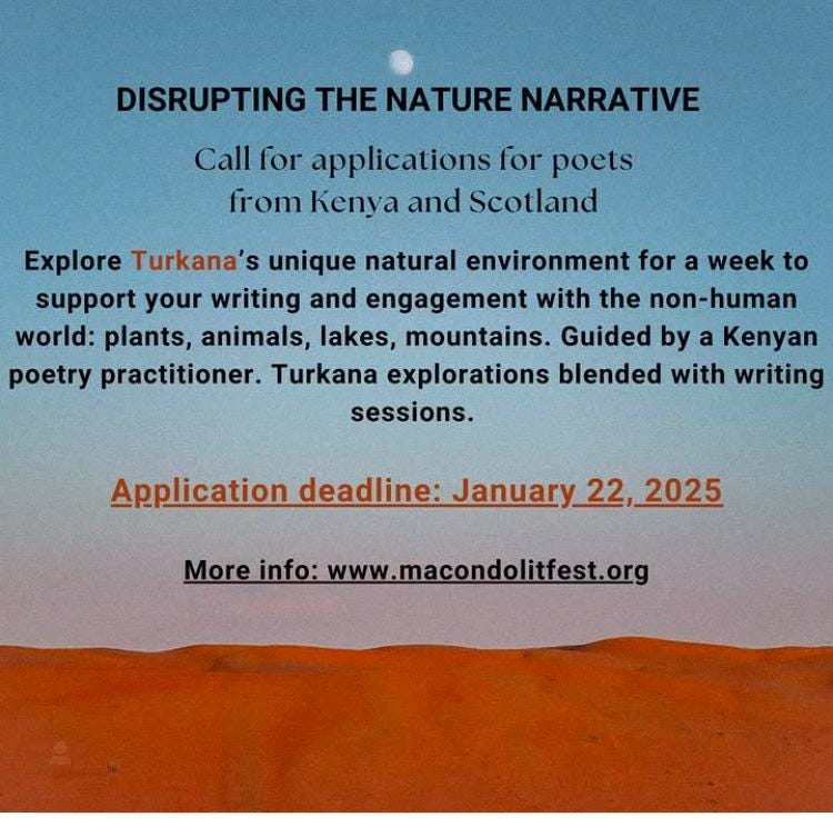 Text on a blue sky above deep brown hills  The text reads:  Disrupting the Nature Narrative  Call for applications for poets from Kenya and Scotland  Explore Turkana’s unique natural environment for a week to support your writing and engagement with the non-human world: plants, animals, lakes, mountains. Guided by a Kenyan poetry practitioner. Turkana explorations blended with writing sessions.  Application deadline: January 22, 2025  More info: www.macondolitfest.org