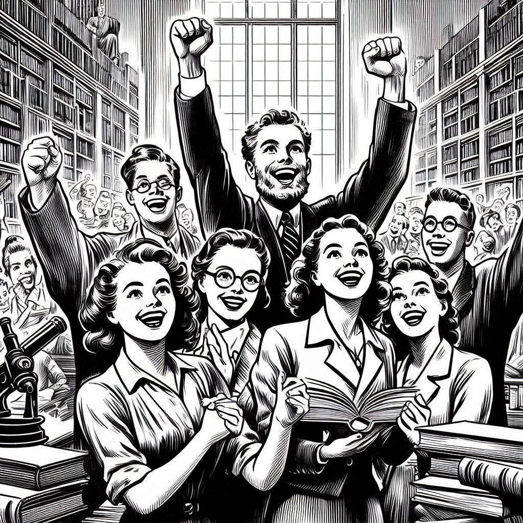 Happy, celebrating students and professors in a library, done in the style of a mid-twentieth century black and white line drawing propaganda poster.