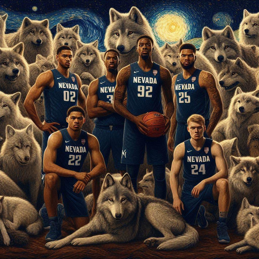 The Nevada men's basketball team surrounded by a pack of wolves, in the style of Van Gogh