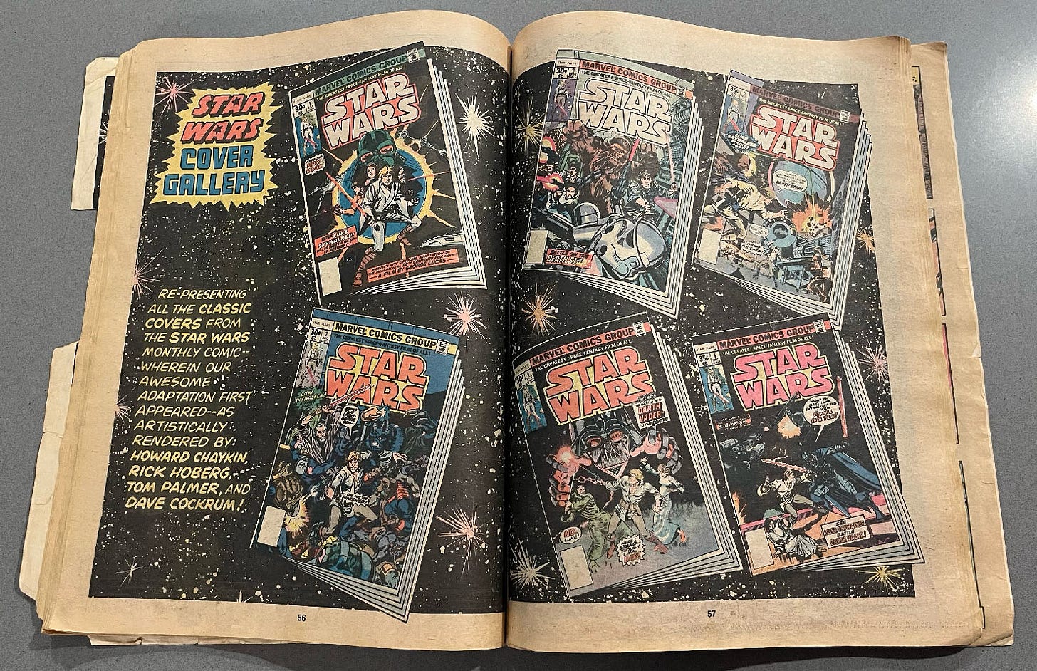 Photo of pages 56 and 57 of my copy of Marvel Special Edition Featuring Star Wars issue no. 3. These two pages feature a cover gallery of the first six issues of Marvel’s Star Wars comic book.