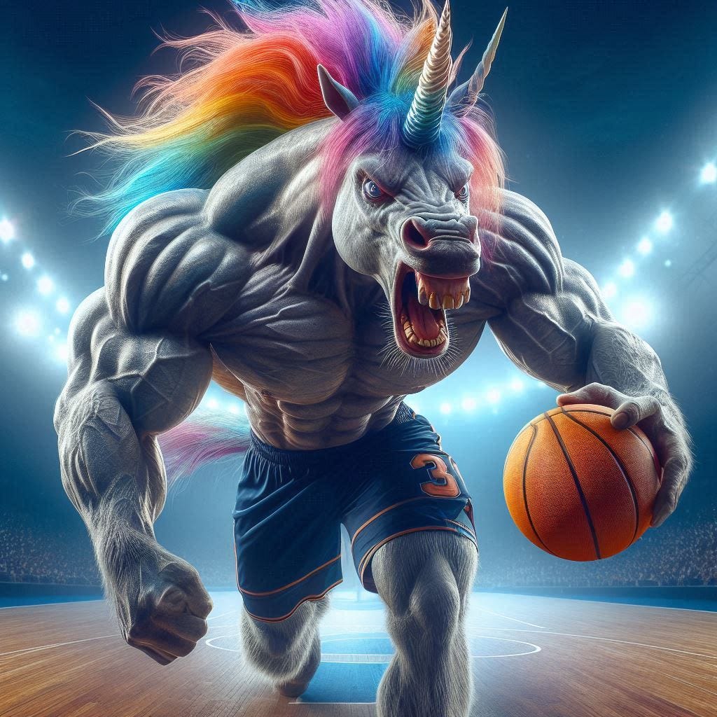an aggressive unicorn playing basketball, intense
