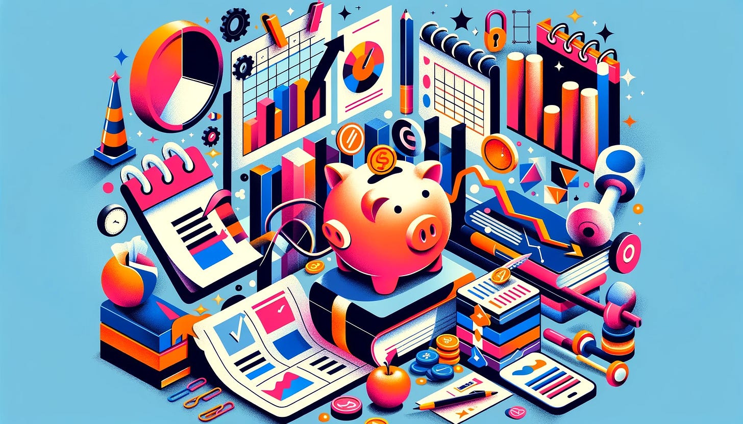 Abstract illustration depicting the integration of New Year's resolutions and product management concepts, featuring symbols like a calendar, checklist, gym equipment, piggy bank, graphs, and roadmaps in a modern, colorful style.