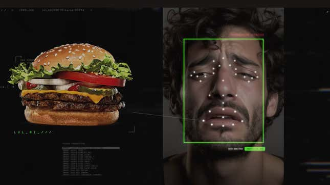 A burger next to a man's face being analyzed by facial recongition 