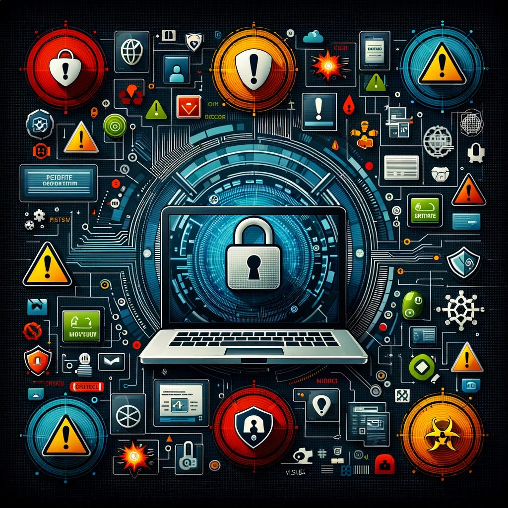 A cybersecurity-themed infographic, entirely visual with no text. The image should feature a laptop displaying a secure lock symbol, surrounded by icons representing different levels of cybersecurity threats - a red alert icon for critical, an orange warning icon for high, a yellow caution icon for medium, and a blue notice icon for low severity. Also include visual symbols like a green update arrow, a patch, and a firmware upgrade icon, illustrating solutions to these threats. The background should be filled with digital patterns and imagery related to cybersecurity, emphasizing a strong theme of digital protection and vigilance, tailored for a cybersecurity-focused audience.