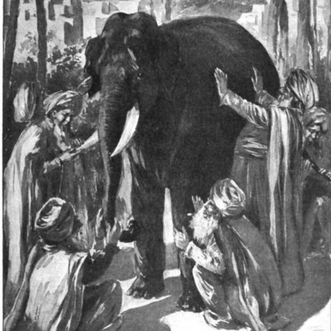 An illustration of the Hindu folktale. Four blind men each feel a different part of an elephant. One has both hands on the belly, one crouches to feel a thick leg, another pricks his finger on the tusk, a fourth sits and feels the trunk. 