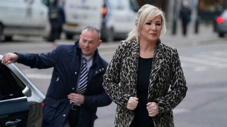 Sinn Fein vice-president Michelle O&#39;Neill arriving at the Grand Central Hotel, Belfast, where Tanaiste Micheal Martin is holding series of meetings with Northern Ireland political leaders. Picture date: Wednesday January 31, 2024.
