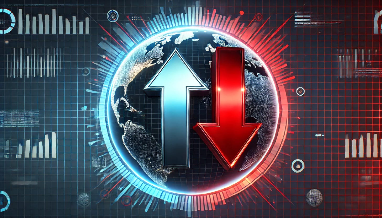 A widescreen image featuring the Earth in the background, this time with a more stylized, digital look. The up arrow on the left is in a sleek metallic blue, while the down arrow on the right is metallic red, both with subtle glowing effects. The Earth is slightly tilted, with a grid overlay to give a futuristic, tech-inspired feel. The arrows and Earth are arranged to create a dynamic, energetic visual, with a clean and modern aesthetic.