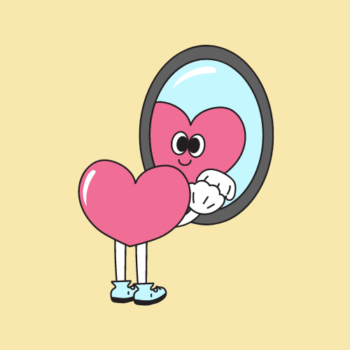 A cartoon pink heart staring and its reflection in the mirror