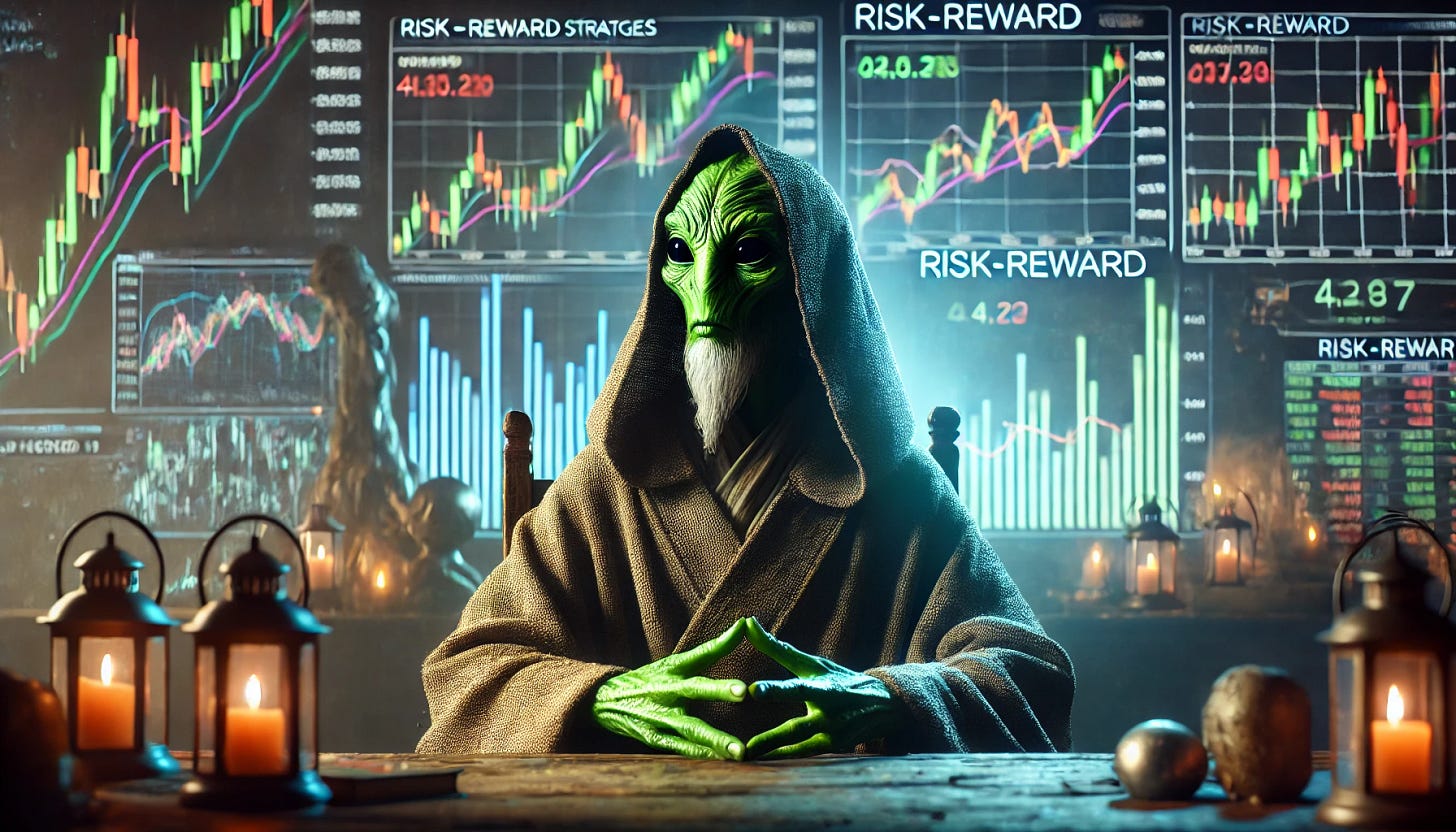 A scene with a wise, green-skinned alien character, resembling a mystical elder, dressed in simple robes. The character is seated at a table filled with financial charts, graphs, and a risk-reward diagram representing financial options strategies. The character appears focused and contemplative, fingers tented as if strategizing. Background screens glow softly with financial data and stock market trends, creating a calm, strategic atmosphere that blends wisdom and high-level financial analysis.