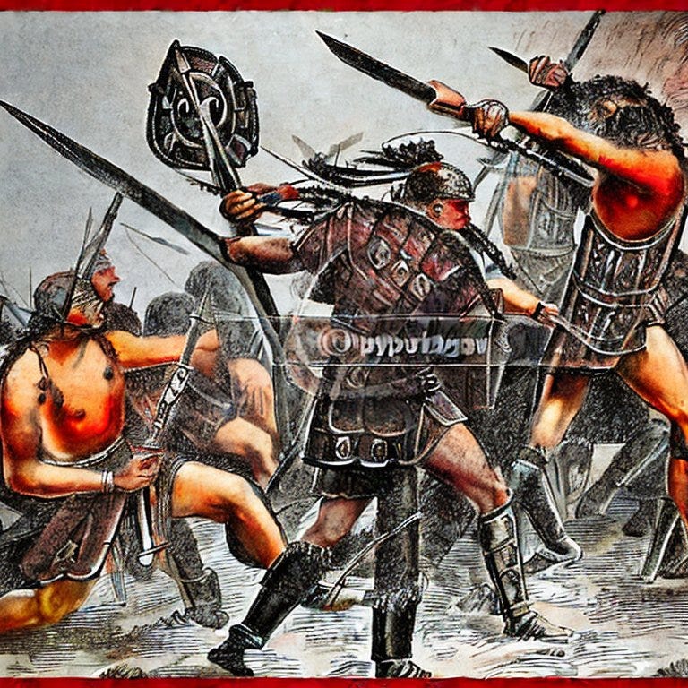 a roman solider armed with shield, sword, hanging dagger, terrified while advancing on Saxon hordes  throwing spears at him and his comrades in faded colours and tones under severe combat stress almost certainly to his death, feeling  overwhelmed Stress hormones are released  feeling exposed to Predator stress  the most intense stress something living can experience