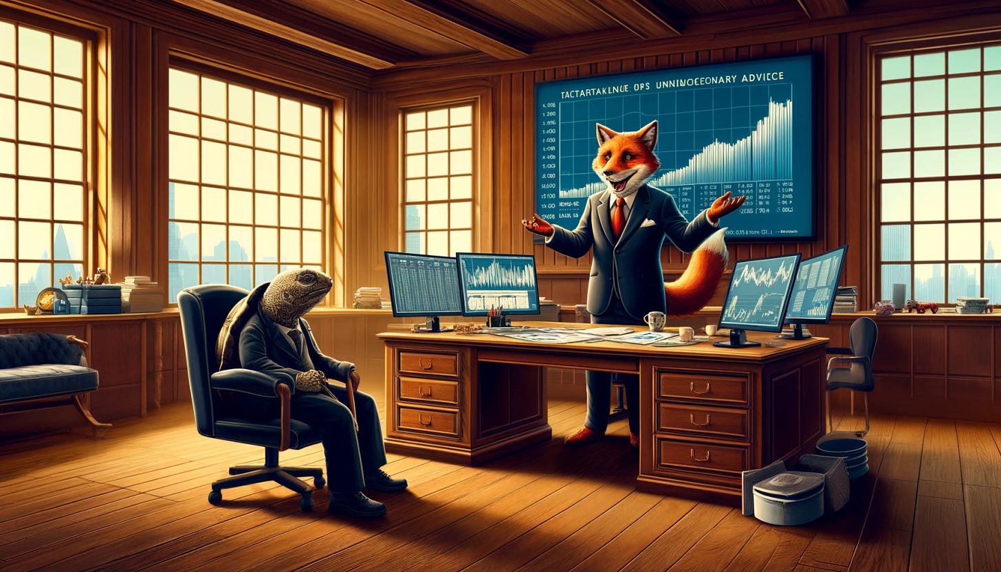 A metaphorical illustration of the concept of unnecessary advice in financial consulting, designed in a wide format. The scene is set in a spacious, old-fashioned office with wood paneling and expansive windows. A financial consultant, depicted as a clever fox in a formal suit, is animatedly presenting charts and graphs. Across from him, a cautious elderly tortoise, representing the investor, sits unconvinced, with a skeptical expression. The fox’s desk is cluttered with financial papers and multiple screens showing stock market trends. The office atmosphere is busy yet refined, capturing the essence of over-advising in financial dealings.