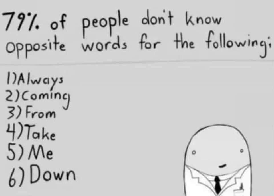 79% of people don't know Opposite words for the following;

1) Always

2) Coming

3) From

4) Take

5) Me

6) Down