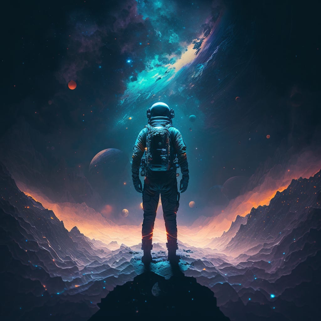 The image should feature a cosmic engineer, perhaps wearing a futuristic spacesuit, gazing thoughtfully at the stars in the vast expanse of space. Surrounding the engineer, there should be various futuristic gadgets or tools, symbolizing the pursuit of passion and discovery. The overall tone of the image should evoke a sense of introspection, wonder, and exploration