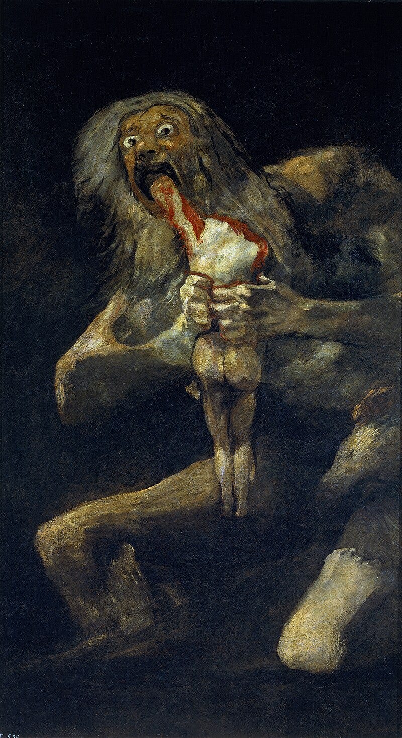 A classic painting in which a giant is eating a small human. A classic painting in which a giant is eating a small human.