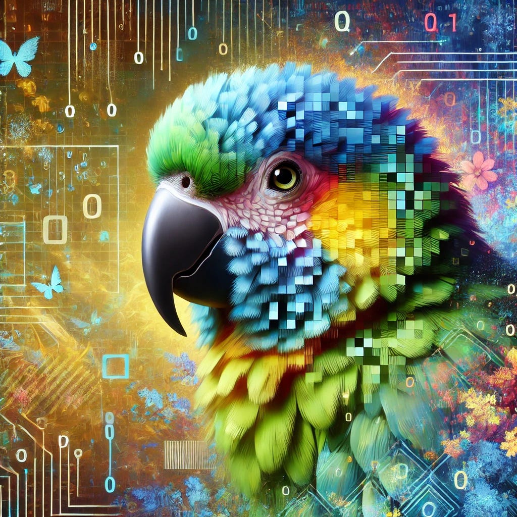 A colorful parrot representing stochastic AI, blending the look of a real parrot with digital and abstract elements. The parrot has vibrant feathers in shades of green, blue, and yellow, but parts of its body dissolve into pixelated, code-like patterns, symbolizing AI processes. Its eyes are bright and expressive, glowing with intelligence, while faint binary codes and algorithmic symbols swirl around it. The background features a fusion of nature and futuristic, high-tech digital environments, creating a mix of organic and artificial elements.