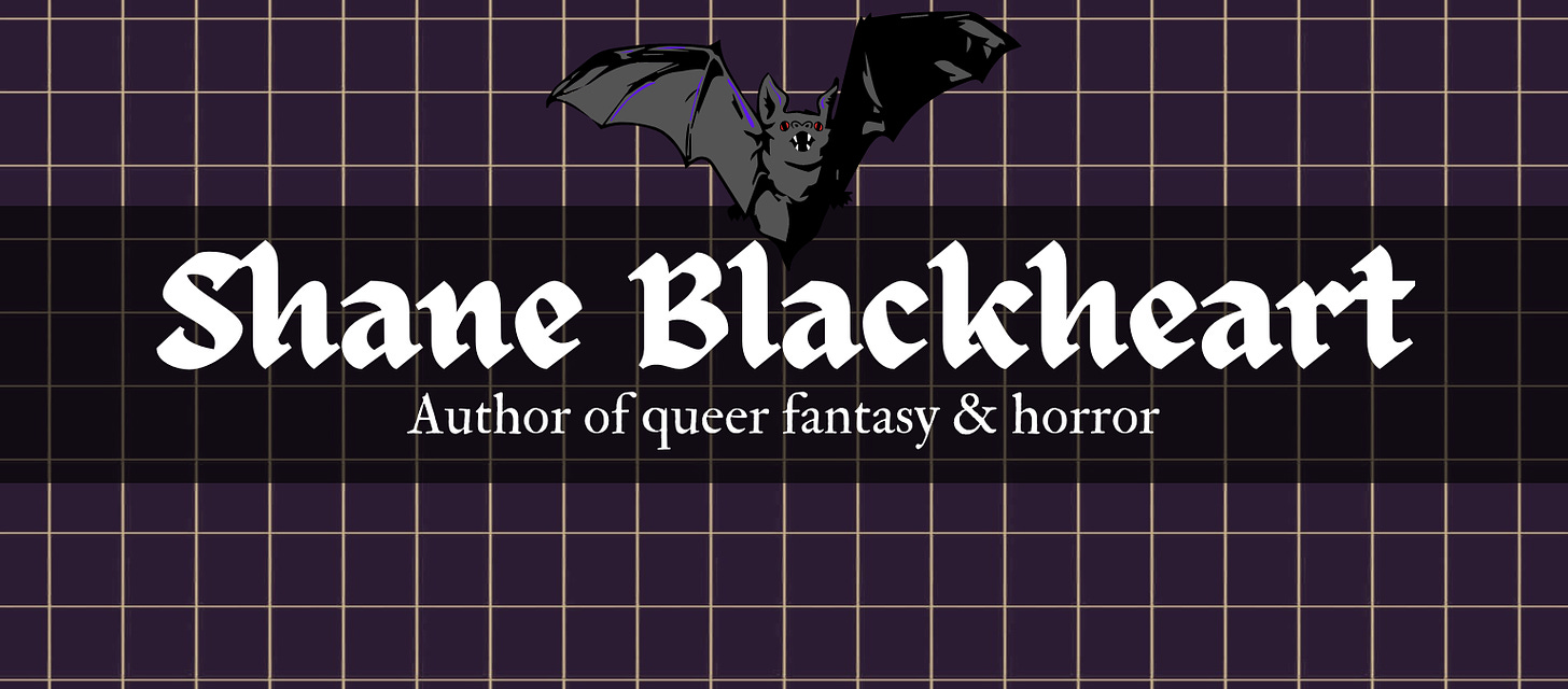 Image of the website header. Purple background with a white grid overlay, the name Shane Blackheart in the middle with the subtitle: Author of queer fantasy and horror. A black bat is centered at the top.