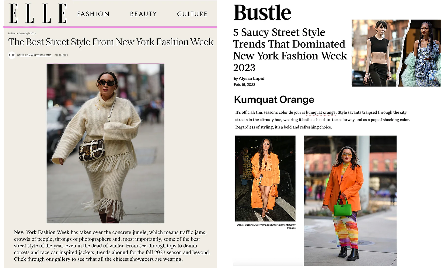 Street style fashion roundups from Elle and Bustle.