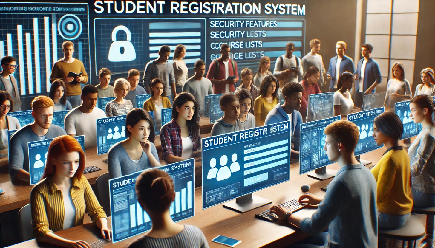 Students from different backgrounds using computers for a student registration system.