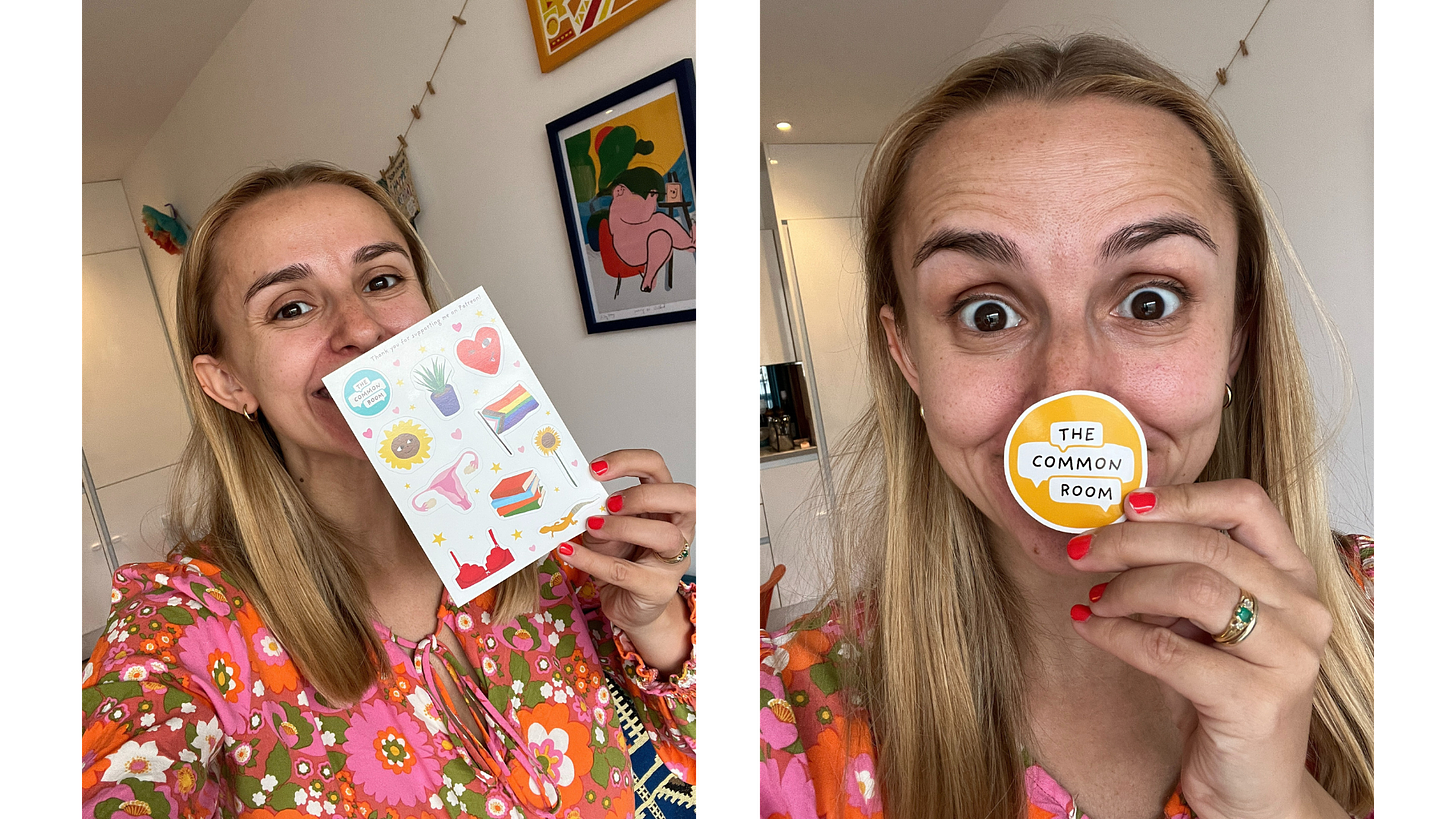 Hannah holding the sticker sheet up to her face and smiling, and then Hannah holding The Common Sticker over her mouth to hide a smile
