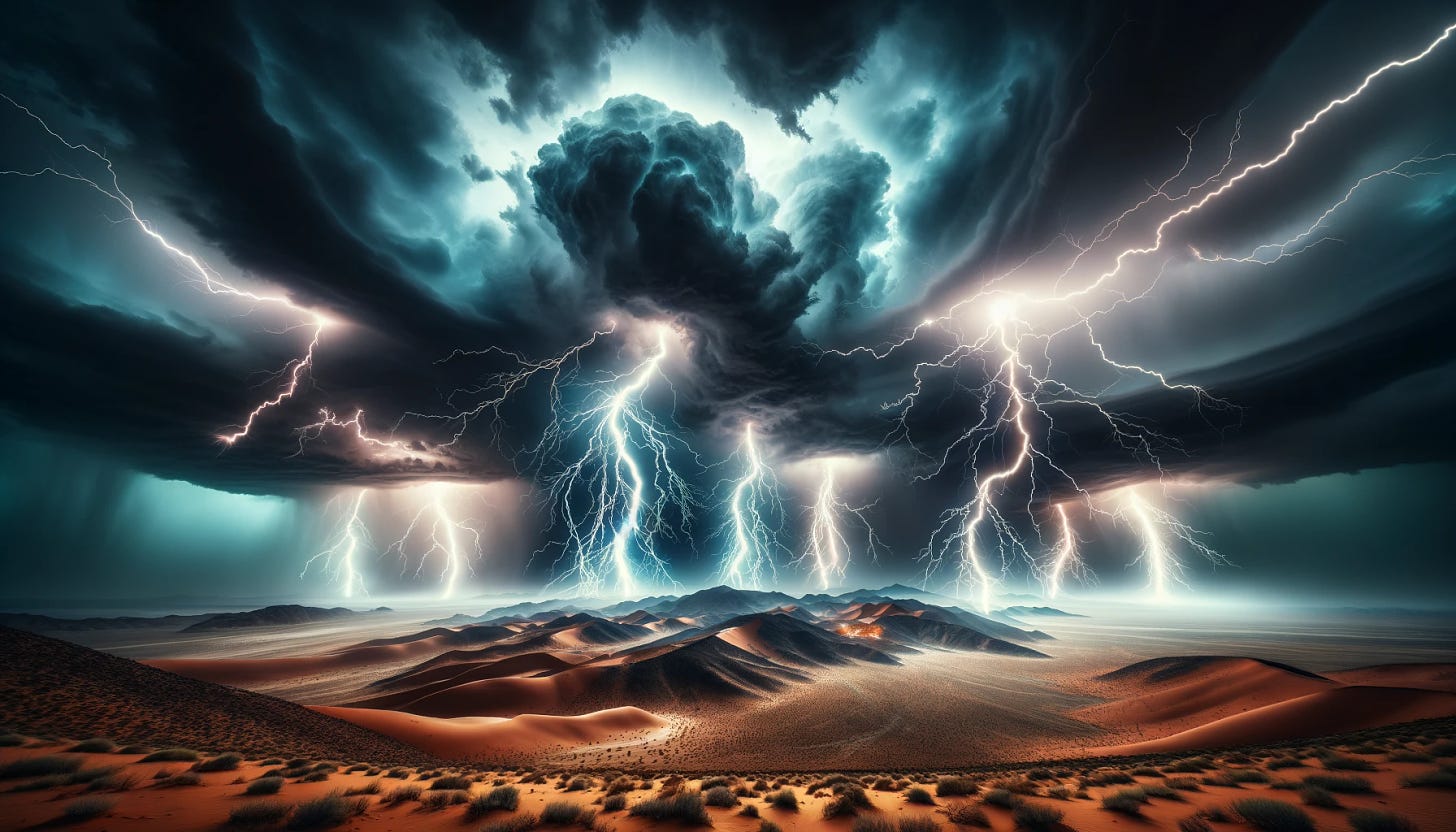 A powerful scene of a lightning storm over a desert landscape. The sky is filled with dark, swirling clouds and multiple lightning bolts strike the ground, illuminating the vast expanse of the desert. The raw energy and intensity of the storm are both awe-inspiring and fearsome, highlighting the formidable power of Mother Nature.
