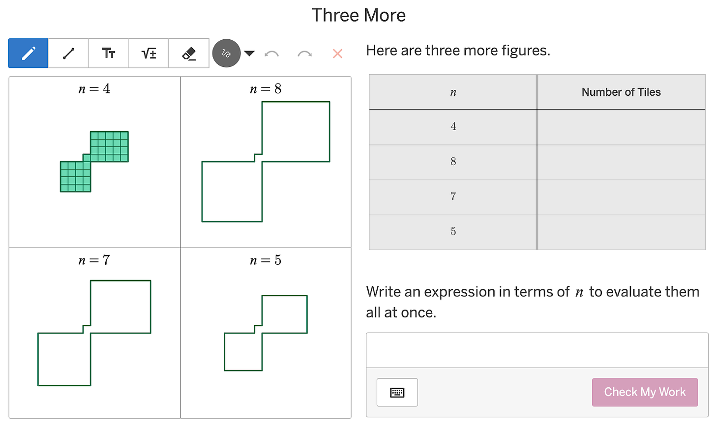 A math problem asking students to write an expression for a pattern in terms of "n".