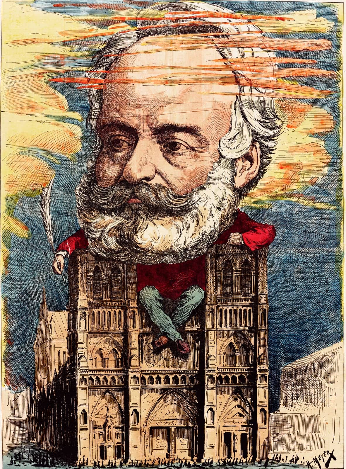 Victor Hugo seated on Notre Dame cathedral following the publication of 'Notre Dame de Paris' book.