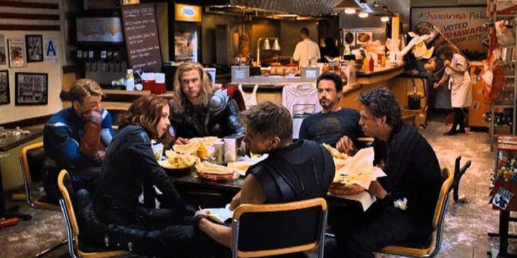r/MovieDetails - In The Avengers (2012) post-credits scene at the Shawarma stall, Cap (Chris Evans) is scene resting his face on his hand and not eating anything. This is because the scene was shot too late (after the premier) and Evans- who was working on Snowpiercer (2013)- had grown a beard.
