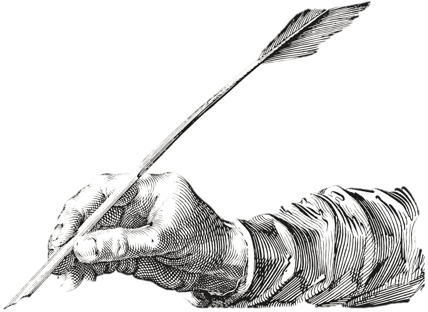 Black and white illustration of a hand writing with a quill
