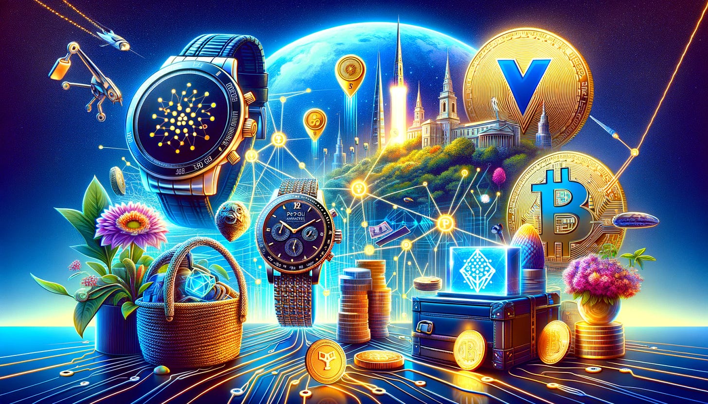 Capture the essence of the "Technology Spotlight" section from a newsletter, focusing on the revolutionary impact of blockchain on luxury collectibles, finance, and Cardano's ecosystem, in a modern 16:9 image that includes:

1. Physical luxury items like watches and art pieces contrasted with their digital counterparts or tokens, connected by glowing lines to symbolize the blockchain network facilitated by Polygon. This showcases the tokenization process to enhance liquidity and transparency.

2. The PayPal logo merging with symbols of DeFi (like chains or decentralized network graphics), with PYUSD stablecoins flowing between them. This imagery conveys PayPal's integration into the DeFi space, bridging digital currencies with traditional financial systems.

3. A vibrant, thriving garden or cityscape where each plant or building represents a DApp in the Cardano ecosystem, communicating the diversity and robustness of Cardano's platform and its potential for real-world utility.

The background should subtly integrate elements that blend the digital blockchain realm with the tangible world, emphasizing innovation, collaboration, and the transformative power of blockchain technology across different domains. The image should convey excitement and potential, reflecting the revolutionary changes blockchain is bringing to luxury collectibles, finance, and the digital landscape.