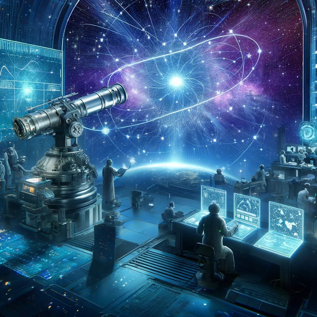 A futuristic scene inside a high-tech observatory where astronomers use advanced technology to study primordial magnetic fields. The observatory is filled with screens displaying cosmic data and diagrams of magnetic field lines. Outside the window, a star-filled sky unfolds, symbolizing the vast universe awaiting exploration. This illustration encapsulates the marriage of human curiosity and technology in the quest to understand the universe’s earliest magnetic fields and their cosmic evolution.