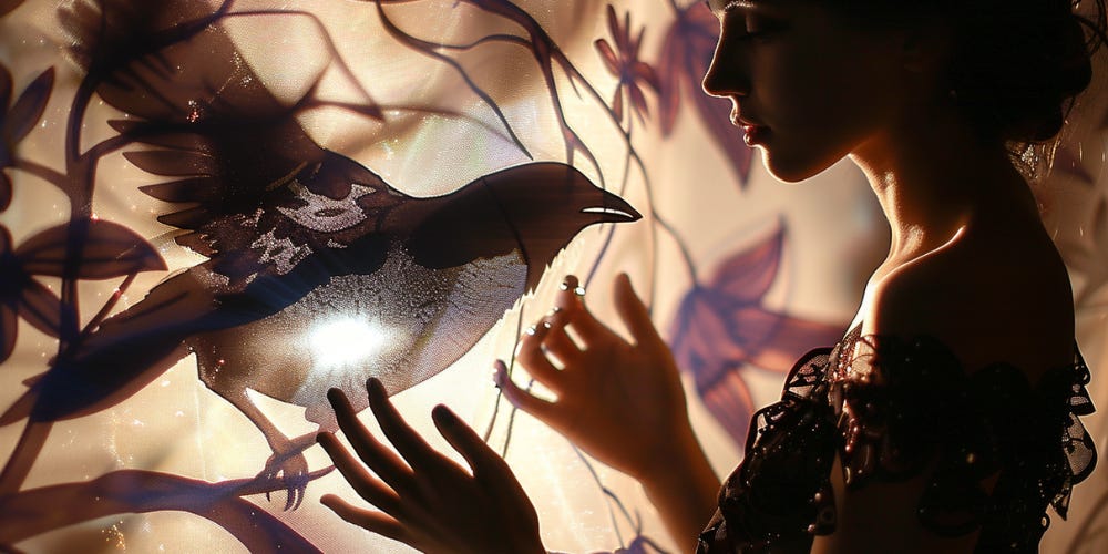 This is an image of the interplay of light and shadow. Shadows of flowers, leaves and branches appear to dance on a wall. A young woman, partially in shadow and partially in light, stands in front of the wall with her hands out as though she's conducting a magic ritual. Between her hands, on the wall, is a shadow of a raven appearing to come to life. In the heart space of a raven is a magical burst of light.