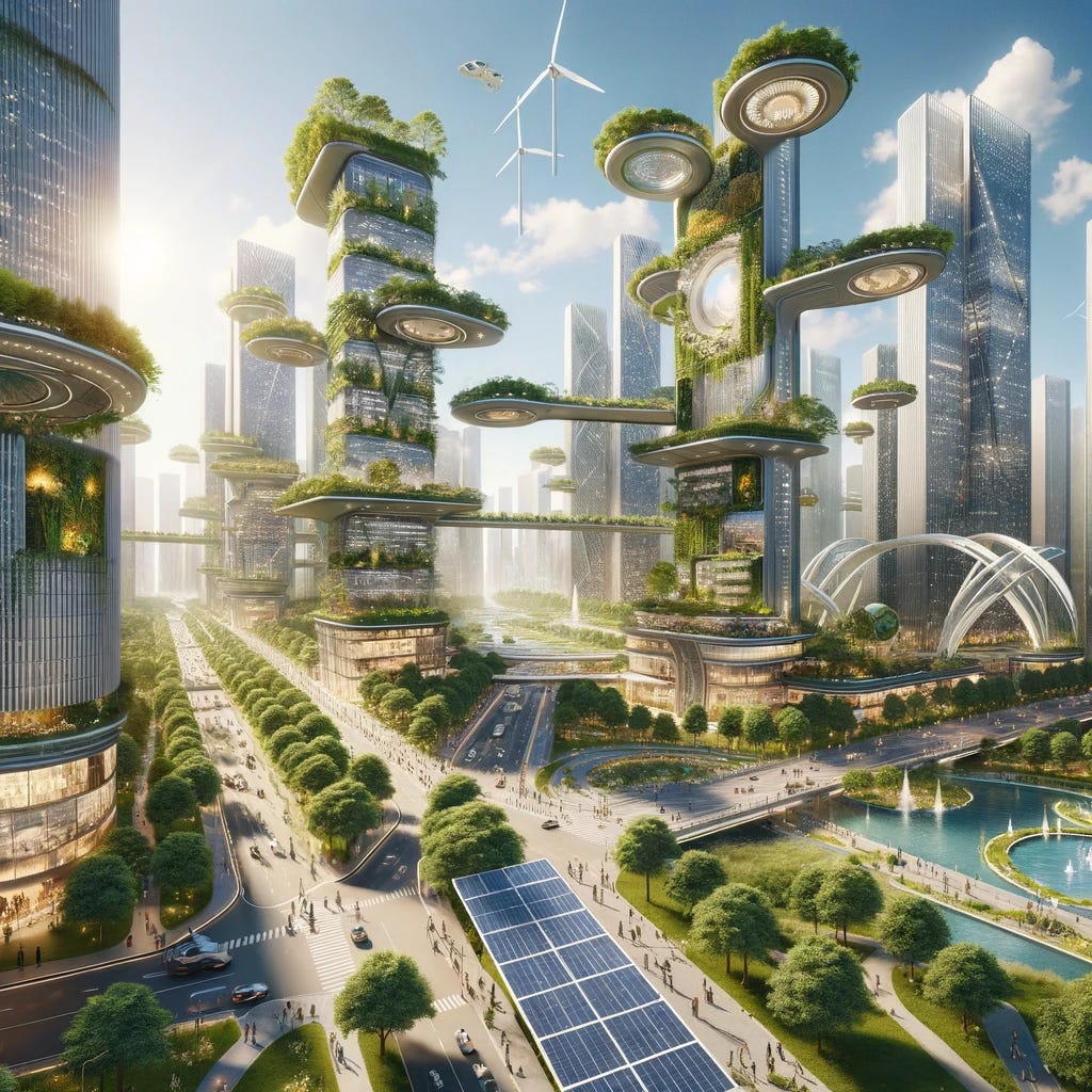 Envision a city of the future, blending nature and advanced technology harmoniously. Skyscrapers with vertical gardens on their facades soar into the sky, connected by skybridges adorned with lush greenery. Solar panels glisten under the sun while wind turbines blend seamlessly into the cityscape. The streets are lined with trees, and autonomous electric vehicles move silently on the roads. Public spaces are abundant, with people enjoying the outdoors in parks that weave through the urban environment, featuring futuristic sculptures and interactive digital installations that celebrate the fusion of nature and technology.