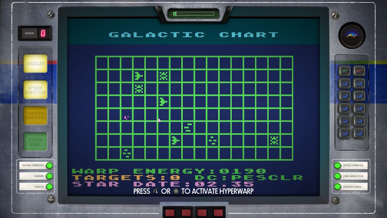 A screenshot from Star Raiders, with its Galactic Chart on the Novice difficulty. The locations of enemy ships and allied stations are shown on a grid. There are fewer since it's the lowest difficulty.