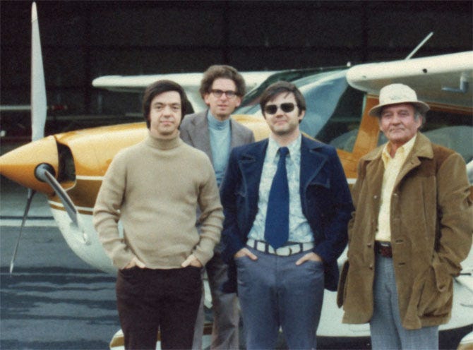 From left: SRI researchers Hal Puthoff and Russell Targ, retired police commissioner and RVr Pat Price, and CIA contract monitor Christopher Green in 1974 at an airport after testing Price’s remote viewing capabilities from a glider. Image copyright Russell Targ.