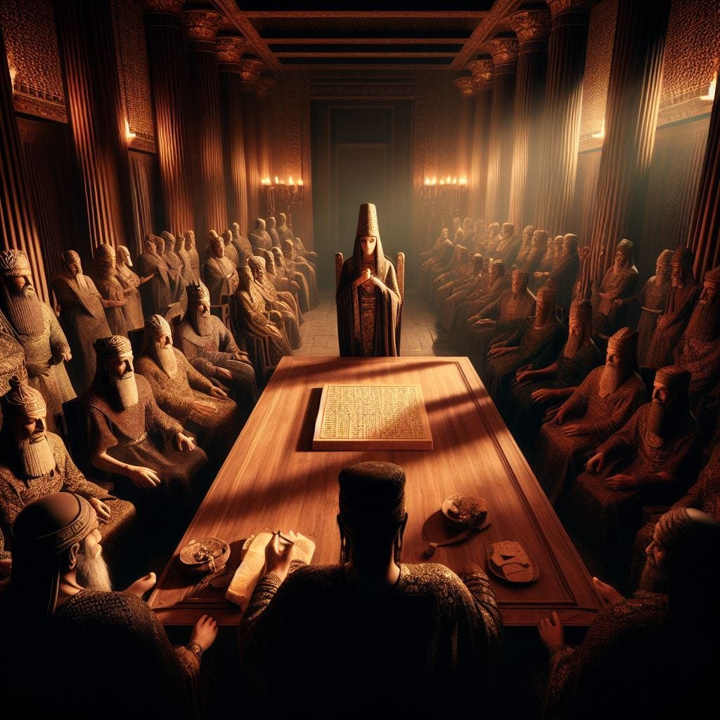 Ancient Ur, 2250 BCE. an opulent ancient Sumerian council chamber, filled with influential figures seated around a massive cedarwood table. In the center, the dignified high priestess stands, with some attendees eying her warily. Shadows from torches flicker, accentuating the high stakes and charged atmosphere. On the table is a clay tablet with cuneiform letters on it.