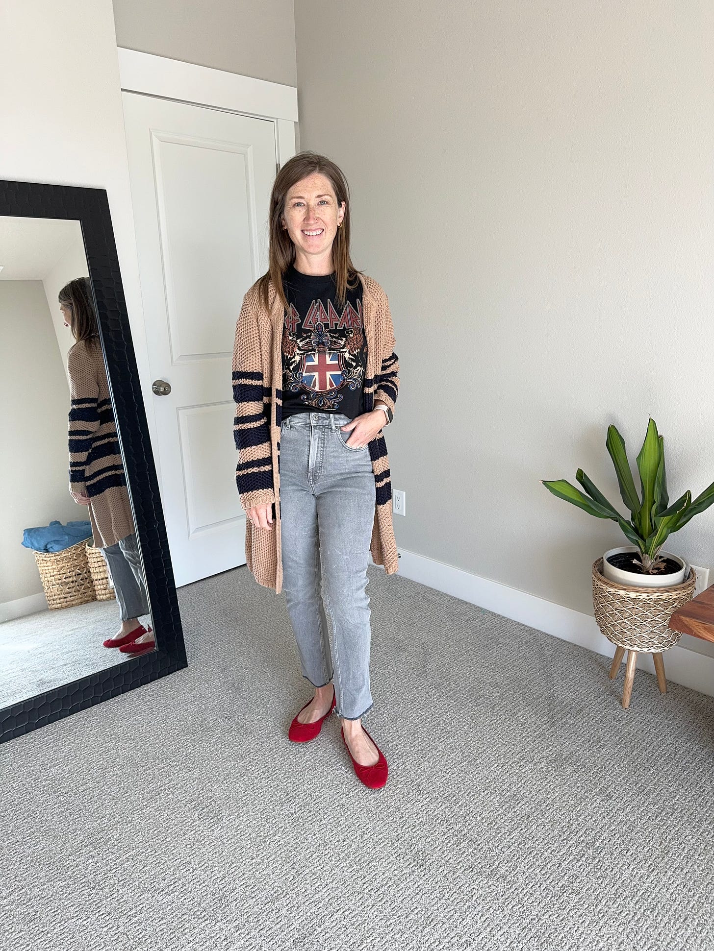 gray jeans, vintage band tee, cardigan, red ballet flats